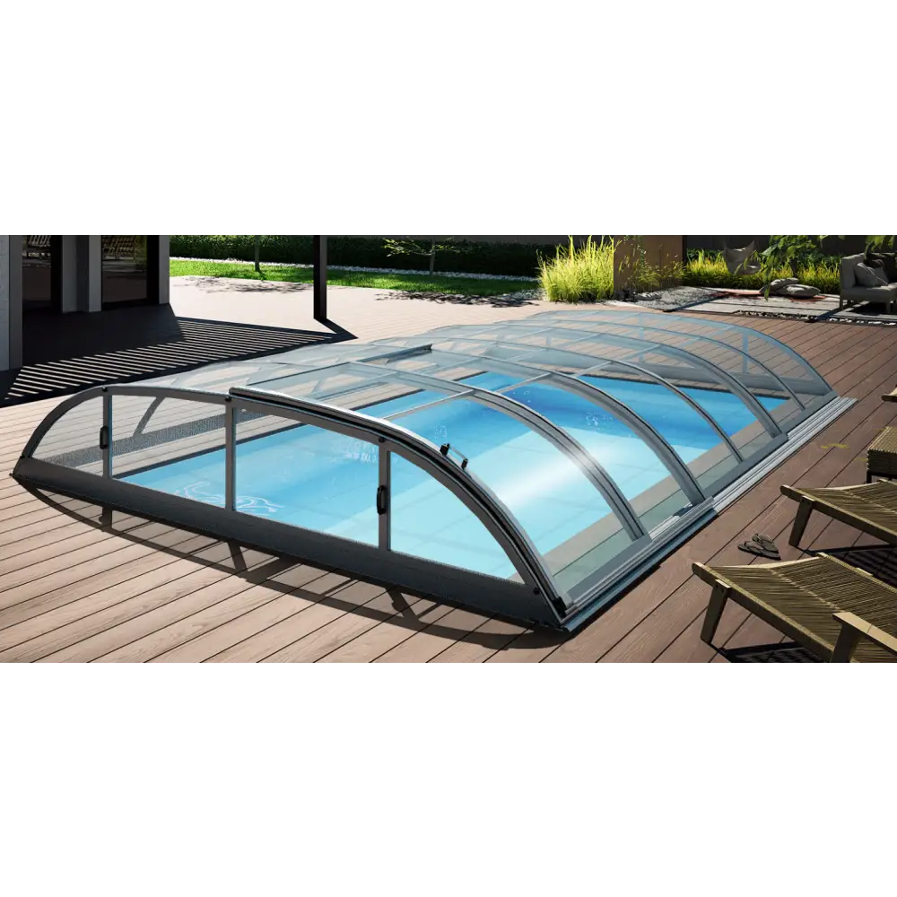 Modern Pooltak Dallas 3×6 med valvande glas och svart metallram